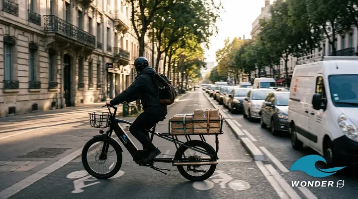 Le vélo cargo file sur la piste cyclable pendant que les fourgons attendent dans le bouchon.