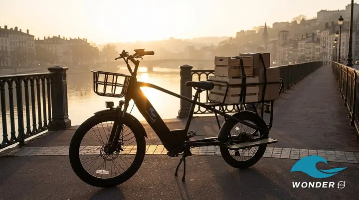 Le vélo cargo Wonder Eco à contre-jour sur un pont de Lyon au lever du soleil.