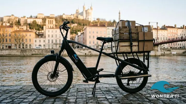 Le vélo cargo chargé de caisses sur les quais de Saône, Fourvière en arrière-plan.