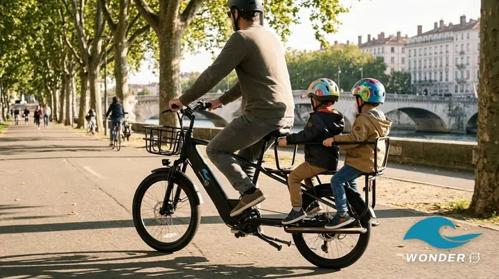Deux enfants casqués assis sur la selle longue du vélo cargo, le long du fleuve à Lyon.