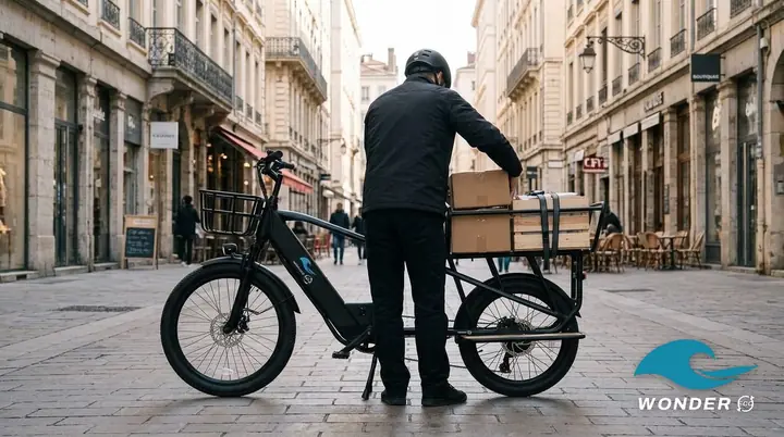 Un livreur décharge un colis du plateau arrière du Wonder Eco, rue piétonne de la Presqu'île.