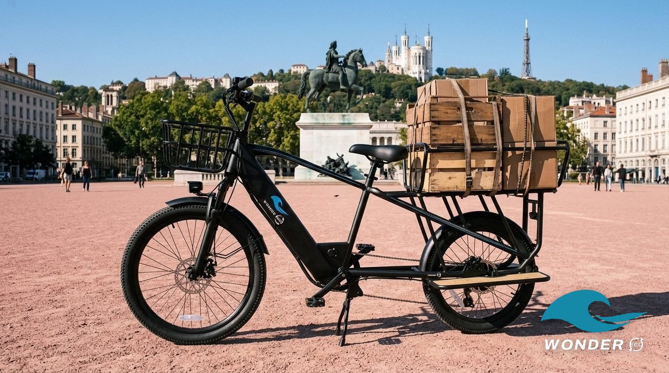 Le Wonder Eco chargé sur le gravier rose de la place Bellecour, Fourvière derrière.