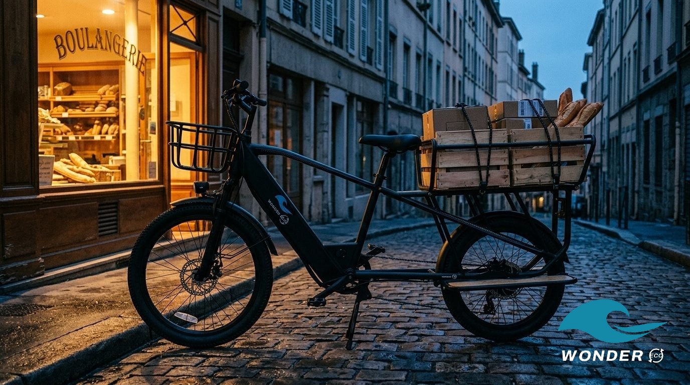 Le Wonder Eco chargé de caisses de baguettes devant une boulangerie éclairée de la Croix-Rousse, avant l'aube.