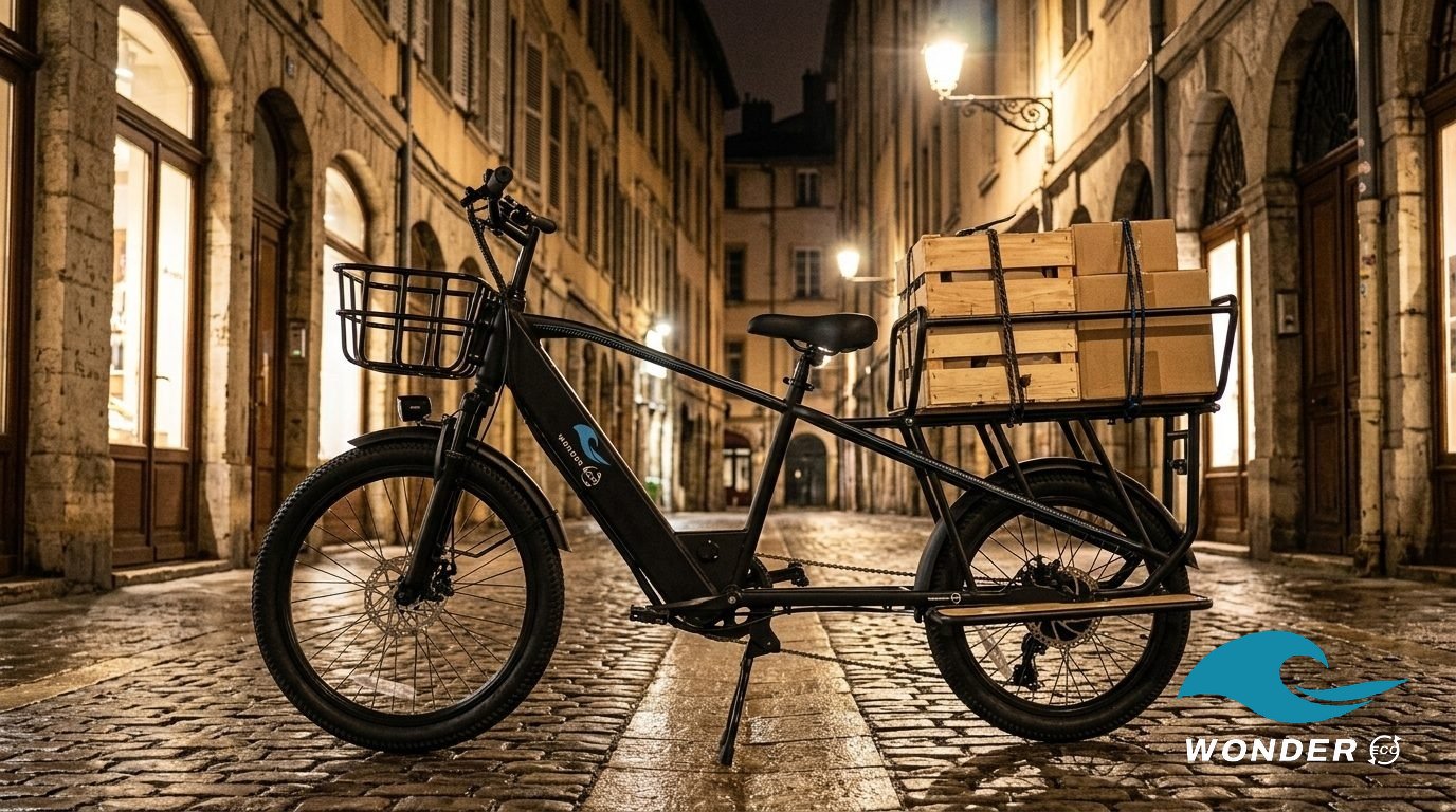 Le Wonder Eco sur les pavés mouillés d'une ruelle du Vieux Lyon, la nuit.